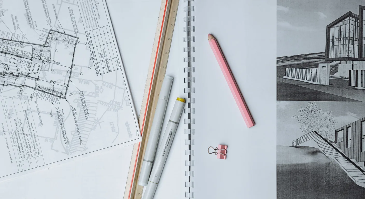図面と筆記具が並ぶ設計プランニングの机